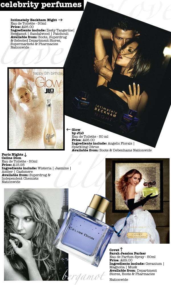 Celebrity Fragrances by David and Victoria Beckham, Celine Dion, Jennifer Lopez, Sarah Jessica Parker etc